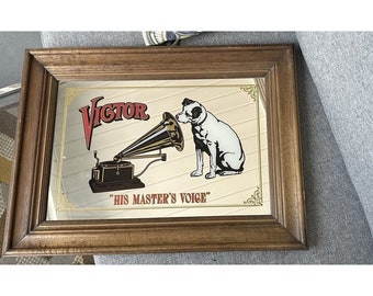 Vintage Victor  His MASTER'S VOICE Framed Mirror Advertising Sign Nipper Dog RCA