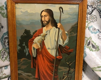 Paint by Number Jesus With Lamb Staff Wood Framed large size portrait vintage