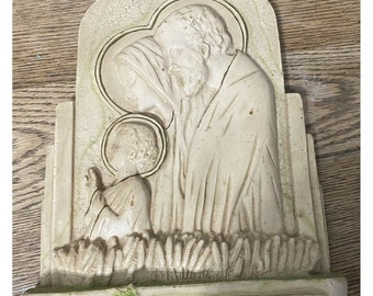Vintage Holy Family Chalkware Plaque Heavy Standing St Anne De Beaupre Canada