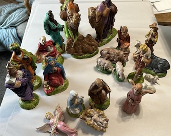 Vintage Atlantic Mold Nativity Set Ceramic 22 Pieces Colorful Farmhouse Rustic