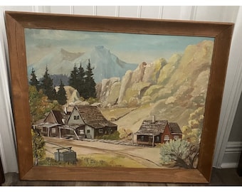 Framed Painting Ghost Town By Inga Berreth Board Western Mountains Cowboy 1966