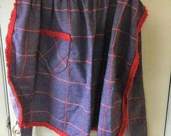 Vintage APRON denim windowpane pattern with red chenille trim pocket half apron