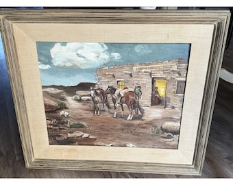 Vintage Painting Western Horse Indian Trading Post Southwest Matted Framed