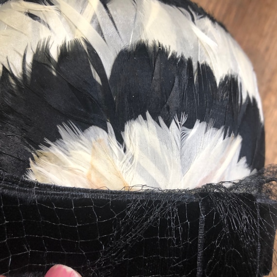 Vintage Fascinator Feather Netting Black White - image 6