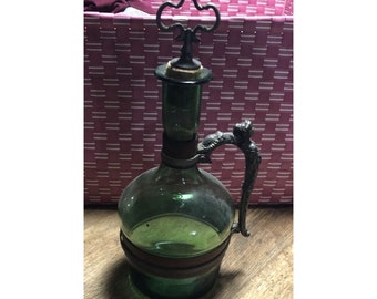 Vintage Green Bottle Decanter Figural Art Nouveau Handle Metal Handle Leather Wrap Wine