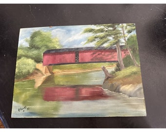 Vintage Rustic Painting Covered Bridge River Stream Reflection R Howard 92 Primitive