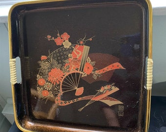 Vintage Lacquerware Tray Oriental Fan Design Brown Gold Handled Square