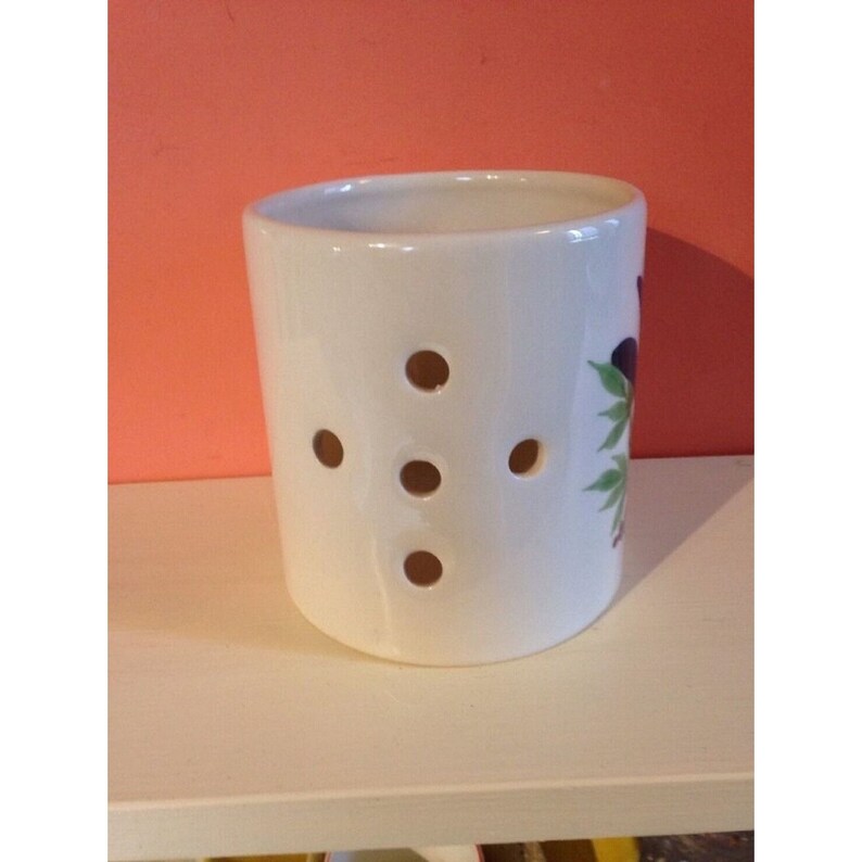 Pode incluir: Um recipiente de cer&acirc;mica branco para alho com quatro orif&iacute;cios de ventila&ccedil;&atilde;o circulares. O recipiente tem um desenho pintado de fruta roxa e folhas verdes. O recipiente est&aacute; sobre uma prateleira branca contra uma parede cor de coral.