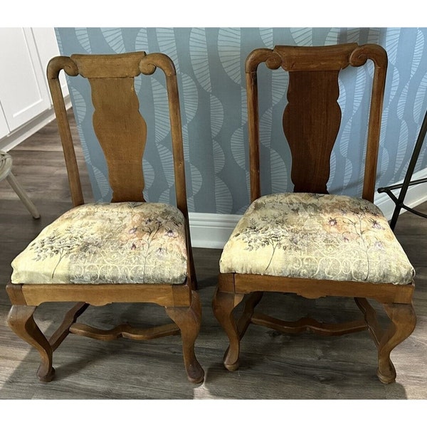 2 Vintage Queen Anne Style Wood Chairs for Toddler Child Upholstered Seat