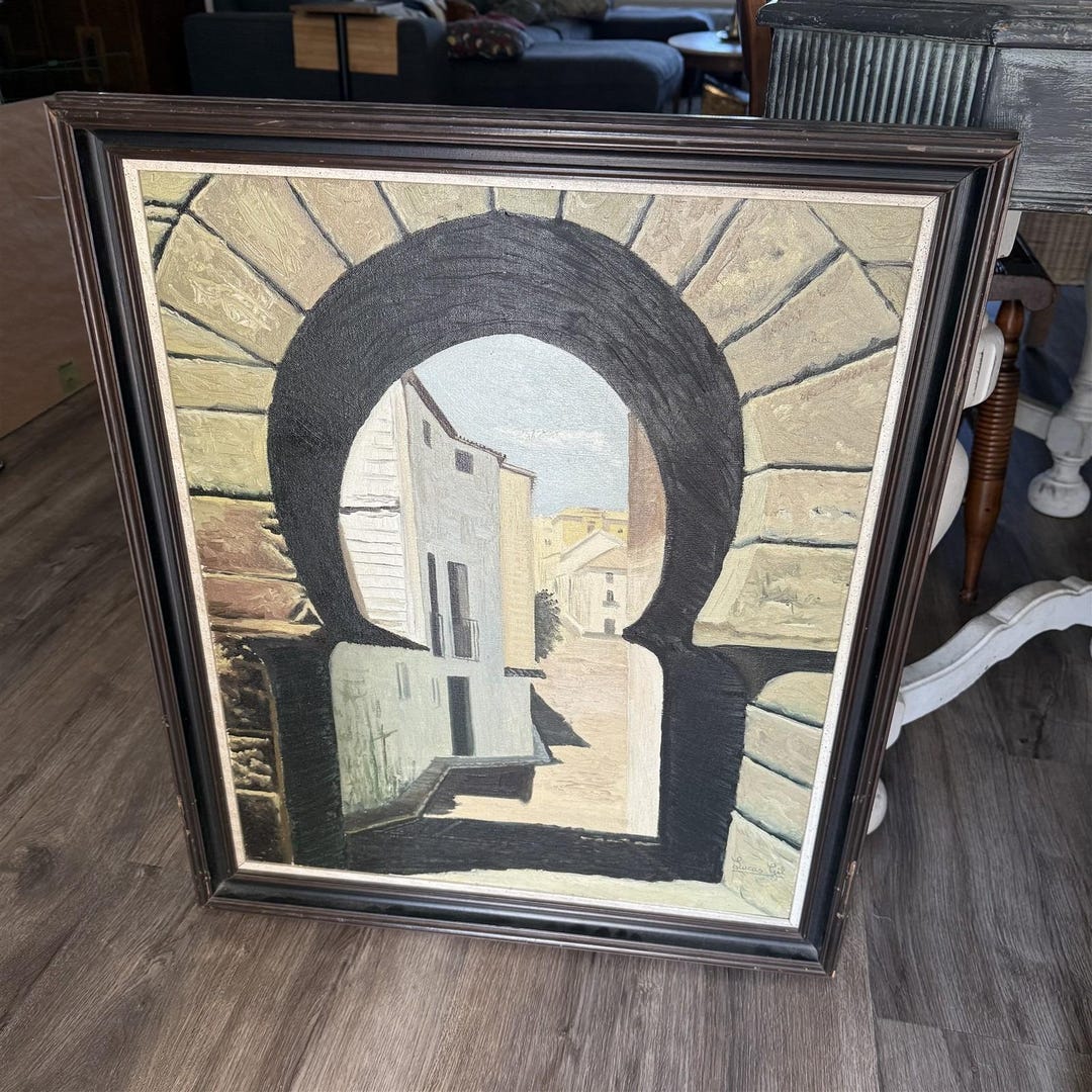 Keyhole Window Vintage Painting Architecture Keyhole Window View Street Town Framed ...