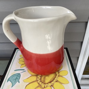 Earthenware Pitcher Made in Portugal Red and White Farmhouse Cottage Country