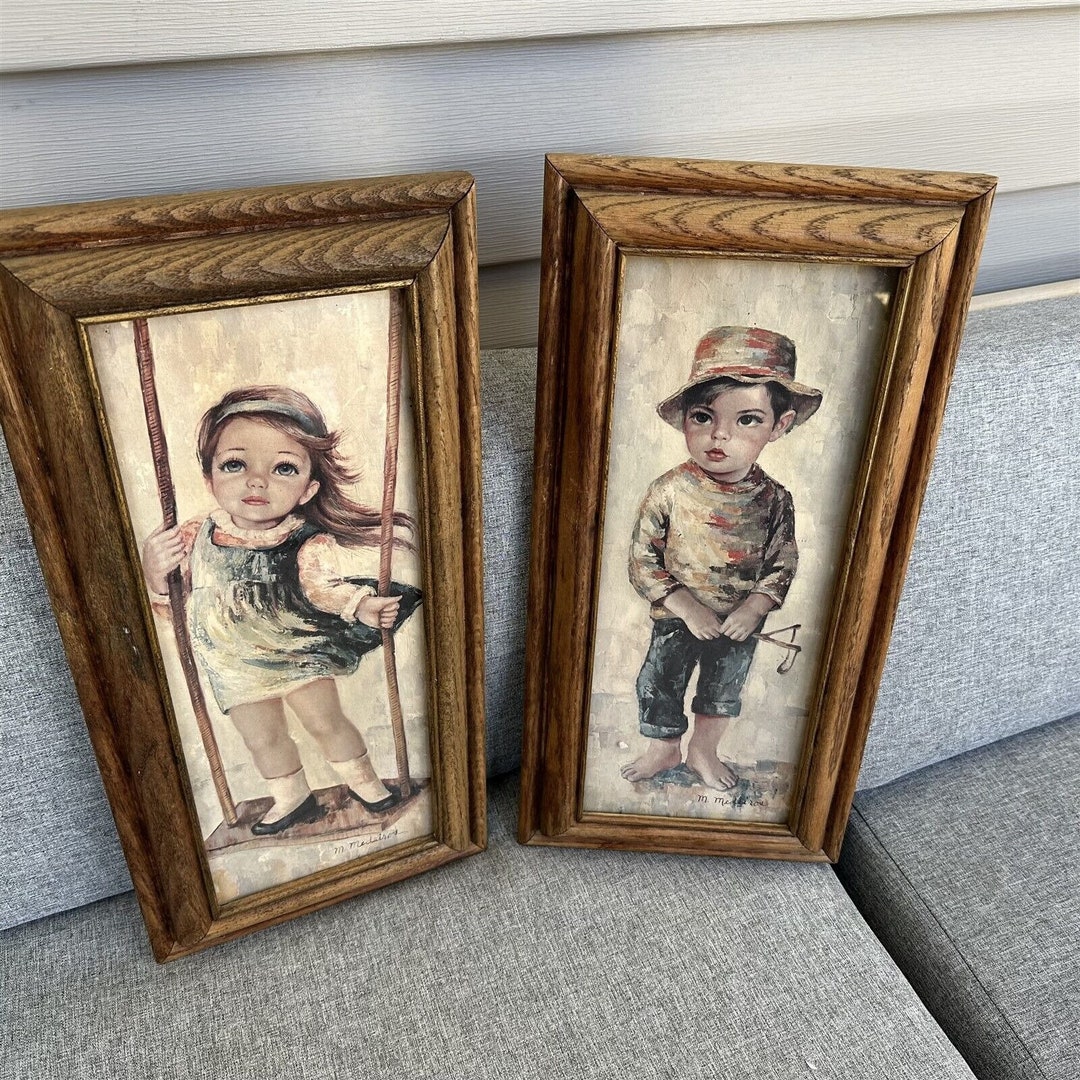 メゾチント vintage Art M. Medeiros Mid Century BIG EYE Girl Boy Lithographs Framed