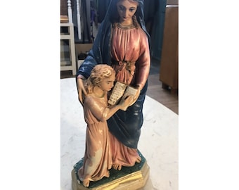 Vintage Chalkware Statue St Anne De Beaupre & Young Mary 16" Tall Shabby Old