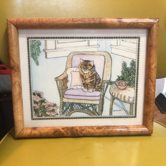 JACQUIE MARIE VAUX Engraved Marvetti Marble Playful Cat Framed