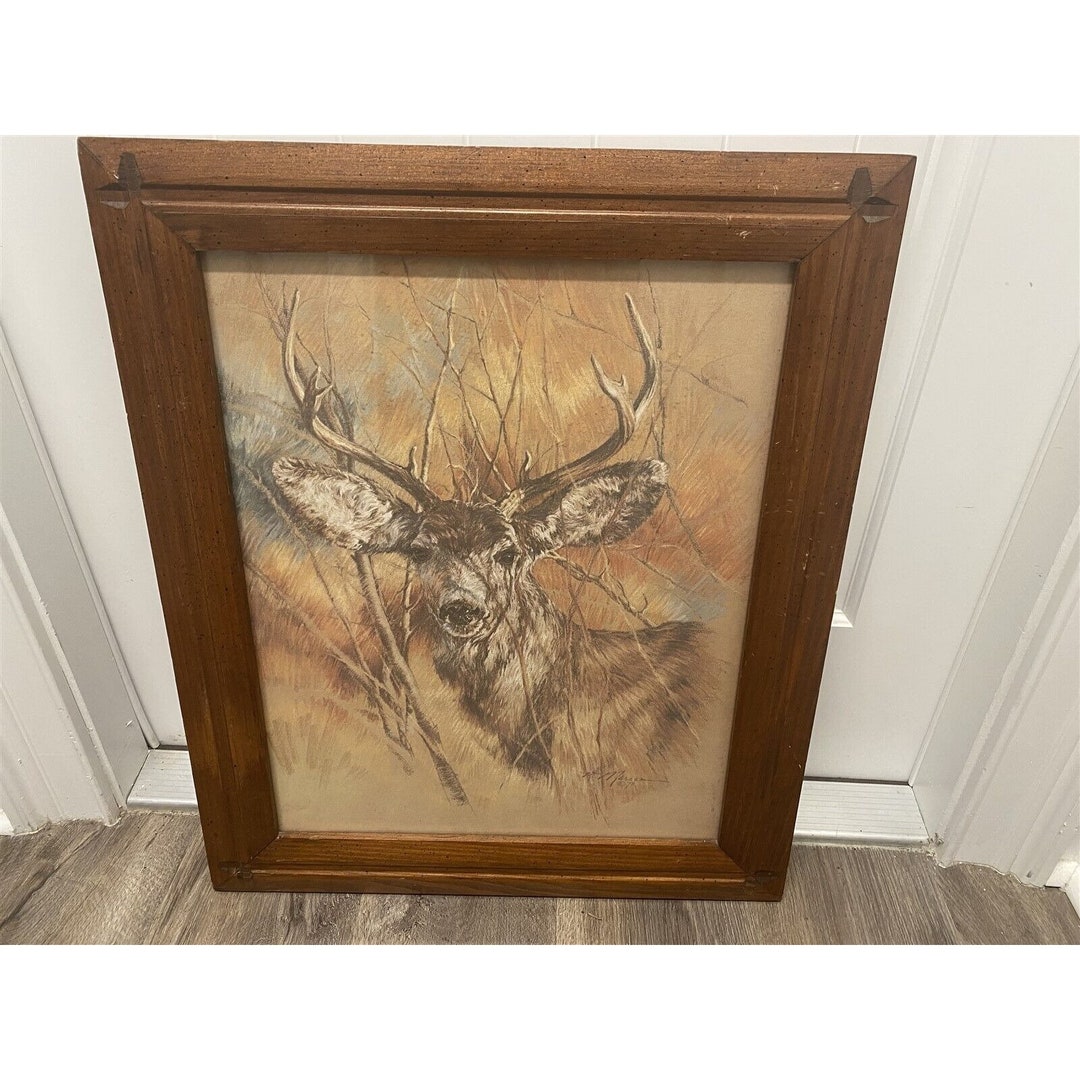 The Silent Buck Vintage Deer Print K Maroon 1978 Framed Wall Art Cabin