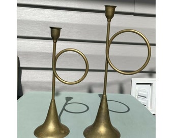 Brass Horn Trumpet Candlestick Candleholders Set of 2 Large 13" and 11"