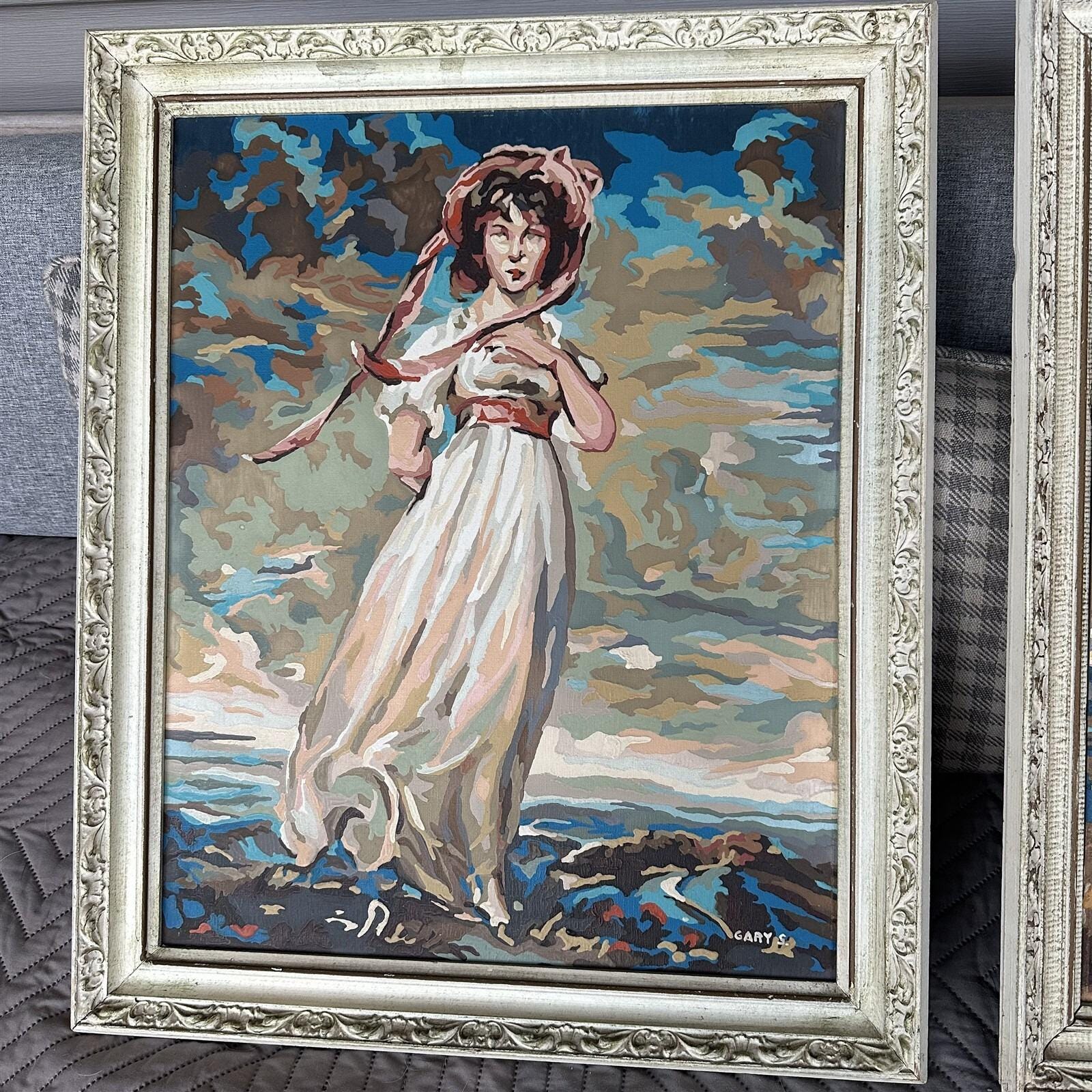 Vintage Blue Boy and Pinkie Paint by Number Paintings 19 X 23