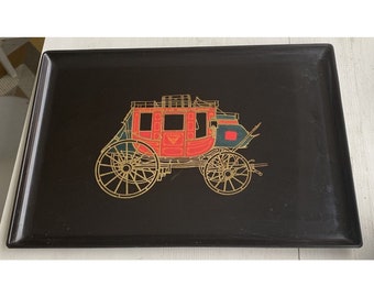 COUROC Wells Fargo Stagecoach Tray 12 x 18 Vintage Wood and Brass Inlay