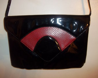 Vintage Mardane Purse Shiny Art Deco Colorblock black with red faux snakeskin long strap or clutch