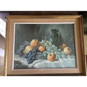 Vintage Framed Still Life Print E Kruger Fruit Grapes Pitcher