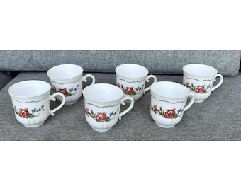 Vintage Arcopal Provincial Mugs Set of 6 White Milk Glass Floral