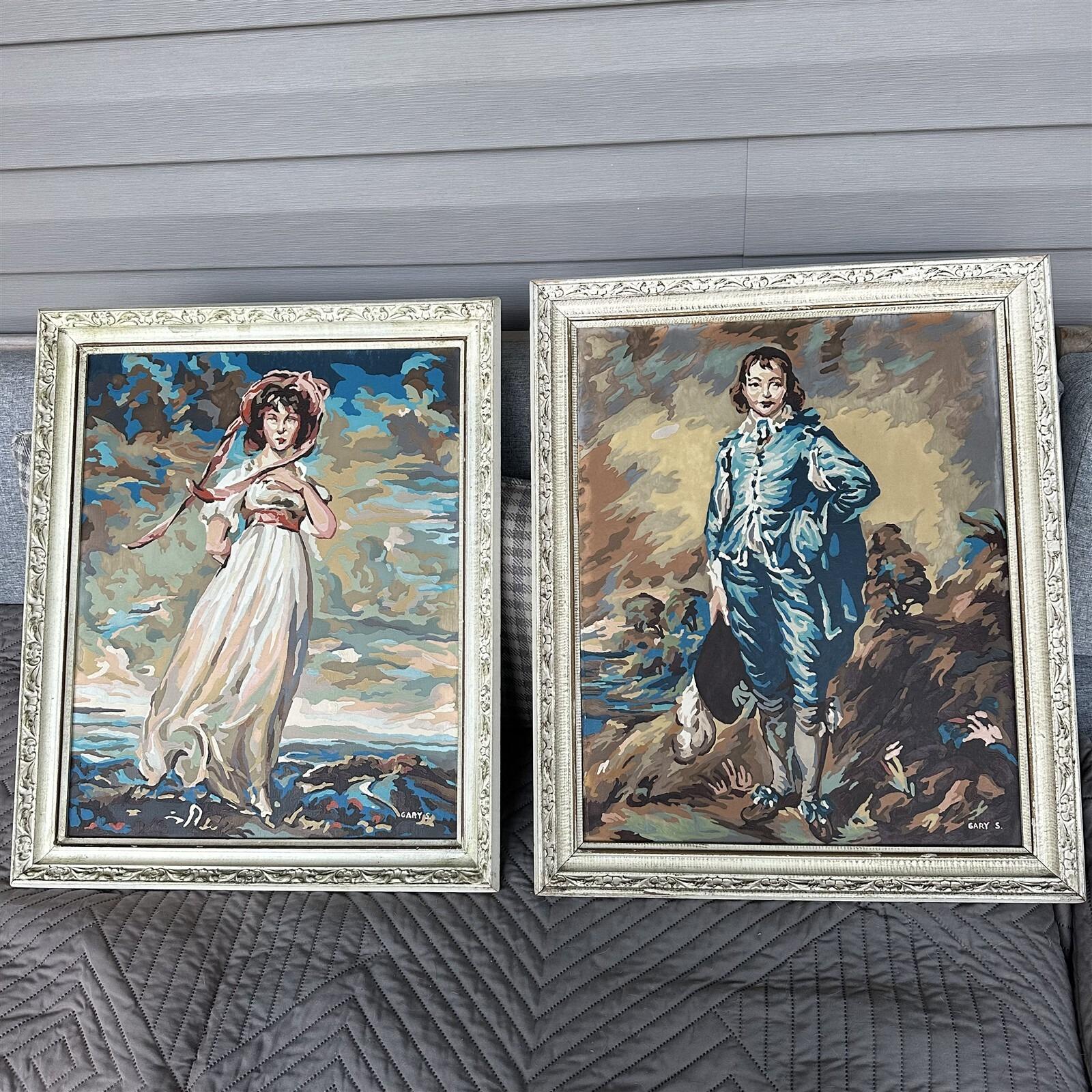 Vintage Blue Boy and Pinkie Paint by Number Paintings 19 X 23