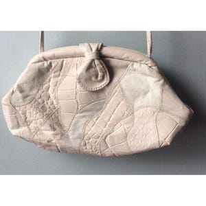 Bolso de mano vintage de piel con parches de patchwork, estilo hippie, estilo boho, color blanco, Park Avenue International