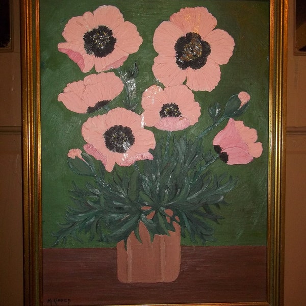Lovely Oil Painting Signed M Kinney PINK POPPIES Still Life Whitney Art Gallery