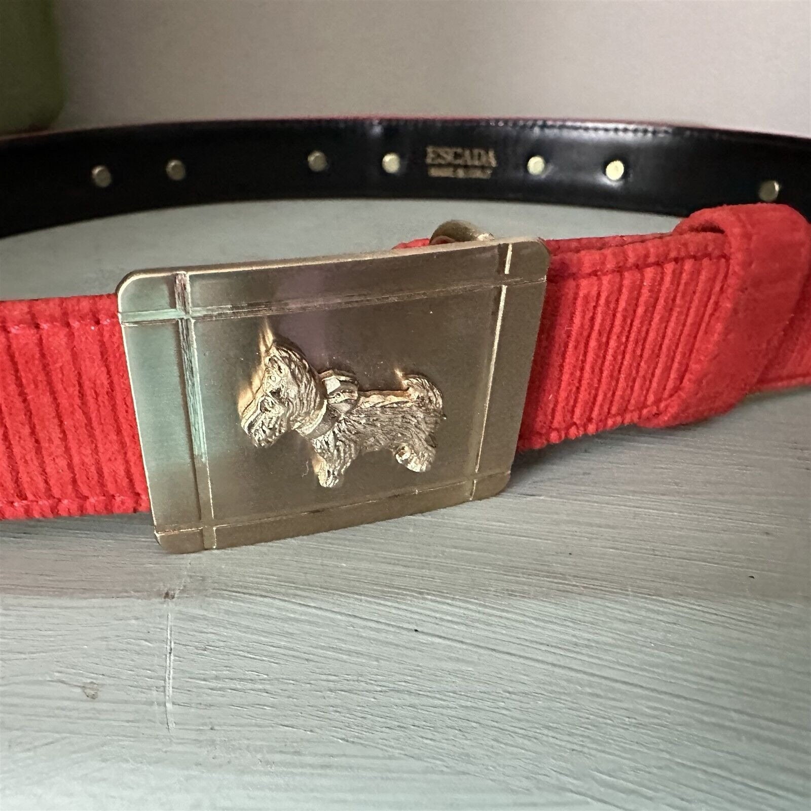 Escada Scottie Dog Belt Red Ribcord Suede Buckle Italy  display picture 3
