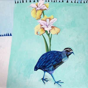 May include: An original painting depicting a blue bird with a black and white head, set against a light blue and white backdrop. Two yellow and pink flowers are positioned above the bird. The artwork is signed in the lower left corner.
