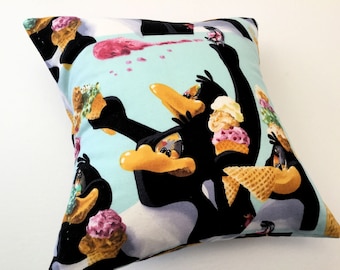 Penguins Eating Ice Cream Accent Pillow: Handmade Kids Room Decor