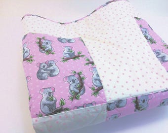 Koala Baby Quilt: White Hearts, Pink Flowers, Baby Blanket, Handmade Nursery Decor