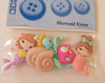 Mermaid Kisses Plastic Buttons: Beach House Decor, Novelty Shank Buttons (6 NIP Set)