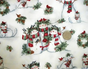 OOP Snowman Cotton Fabric, One Half Yard Only, Susan Winget, Winter Birds, Cats, Dogs
