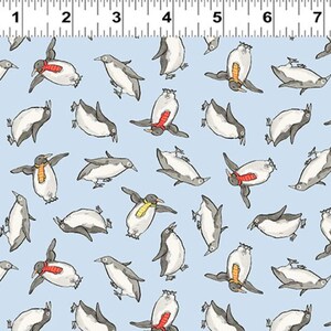 May include: Light blue fabric with a repeating pattern of cartoon penguins. The penguins are in various poses, some with red or yellow scarves. The penguins are black, white, and gray.