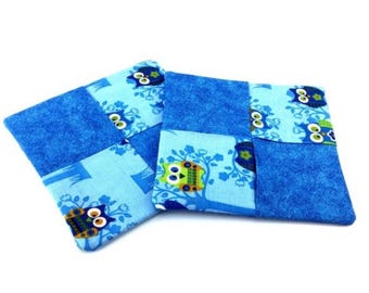 Owl Potholders, Set of 2, Blue Cotton Mug Rugs, Handmade Kitchen Decor