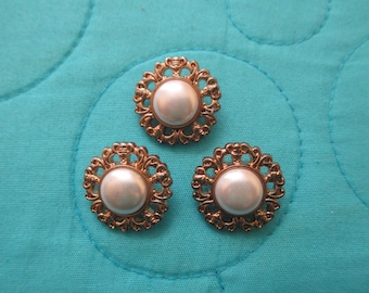 3 Vintage Baroque Faux Pearl Buttons: Gold Tone Filigree