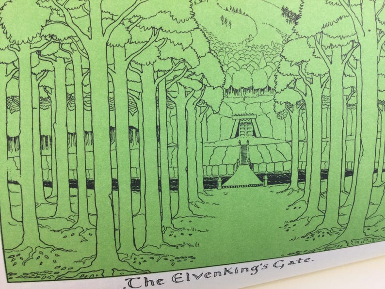 May include: A green and black illustration of a forest scene with the text "The Elvenking's Gate" at the bottom. The image depicts tall trees lining a path leading to a structure in the distance. The artwork is detailed with intricate linework.