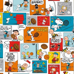 Tela de algodón de Peanuts, solo medio metro, cómic deportivo, Snoopy, Woodstock, Linus, Charlie Brown