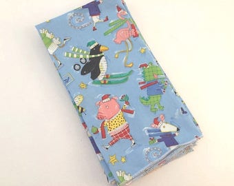 Four Handmade Christmas Dinner Napkins: Comical Ice Skating Animals