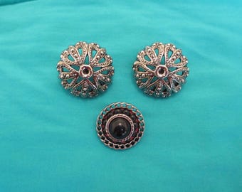 3 Shank Buttons, Metalized Silver Tone Plastic, Black Beads, Faux Pearl, Openwork, Filigree, Stars