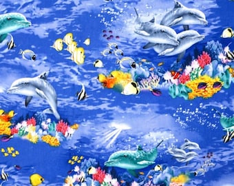 OOP Ocean Fabric, Cotton Fat Quarter, Dolphins, Tropical Fish, Coral Reef, Beach House Decor