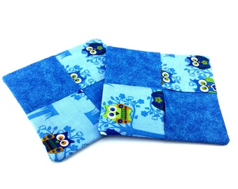 Set of 2 Owl Potholders, Made to Order, Blue Mug Rugs, Bird Hot Pads, Tree Trivets, Hostess Gift, Kitchen Decor, Owl Lover Gift, Dining Room