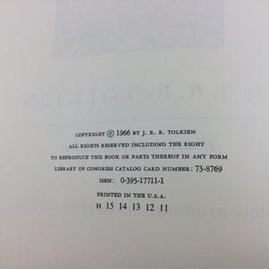 May include: A close-up of a book page with text. The text includes copyright information from 1966 by J.R.R. Tolkien, ISBN, and Library of Congress catalog card number. The book was printed in the U.S.A.