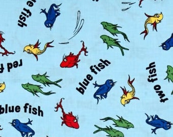 Dr. Seuss (TM) Fabric, One Fish Two Fish Red Fish Blue Fish (TM), Classroom Decor, Nursery Decor, Library, Destash Cotton, Fabric Remnants