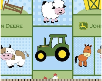 OOP John Deere Cotton Fabric, Almost a Half Yard, Baby Barnyard, Farm Animals, Tractors, Trees