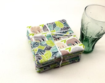 Six Handmade Sloth Coasters: Tropical Leaves Fabric, Set of 6