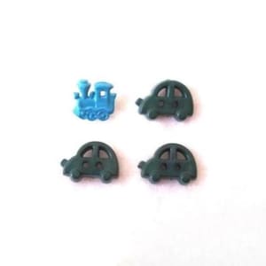 May include: Four small plastic buttons. One is a blue train, and the other three are dark green cars. The buttons are arranged on a white background. These buttons are ideal for sewing or craft projects.