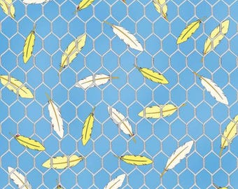 Chicken Wire Fabric, One Half Yard Only, OOP Cotton, Bird Feathers, Whimsical Farmhouse Decor