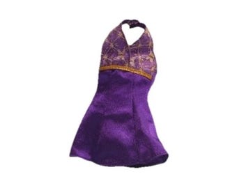Vintage 1990s Barbie Doll Dress, Short Sleeveless Gown, Faux Wrap, Purple Gold and White